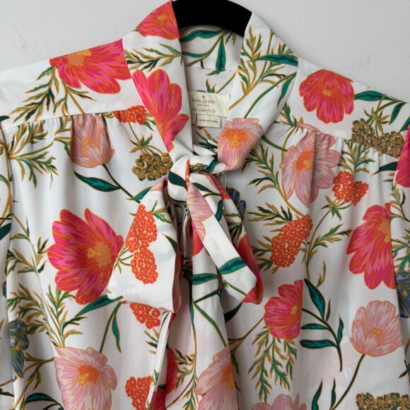 Kate Spade Picnic Perfect Blossom Floral Tie Neck Women's Blouse Top Size Small - Picture 11 of 11